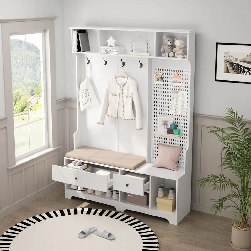 Hallway Hall Tree with Removable Cushioned Bench, Coat Rack, Storage Shelves