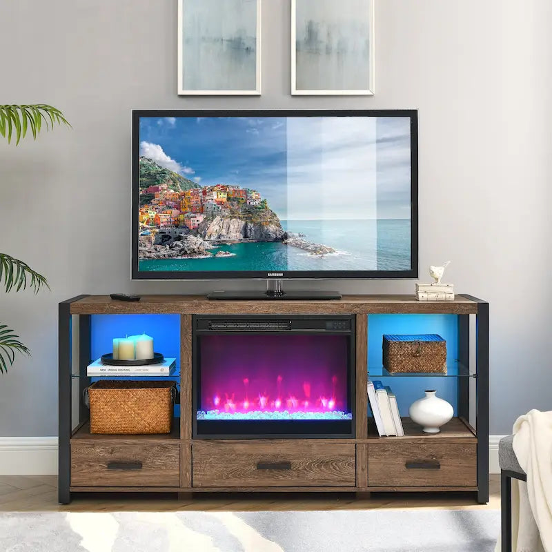 Mobile TV Con Caminetto Elettrico da 60 Pollici Con Luci LED Colorate Sincronizzate - Colore Rovere Rustico Scuro