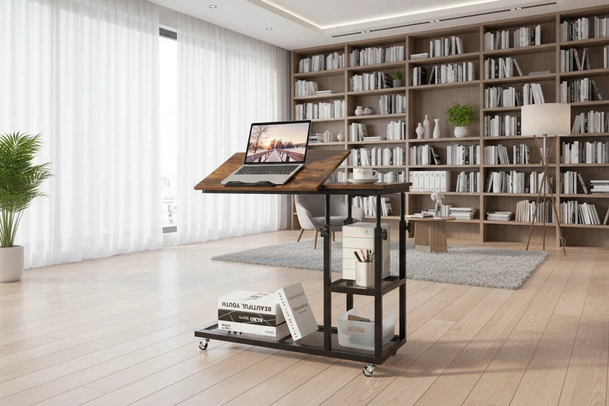 C Shaped End Table Height Adjustable Mobile Couch Desk with Wheels